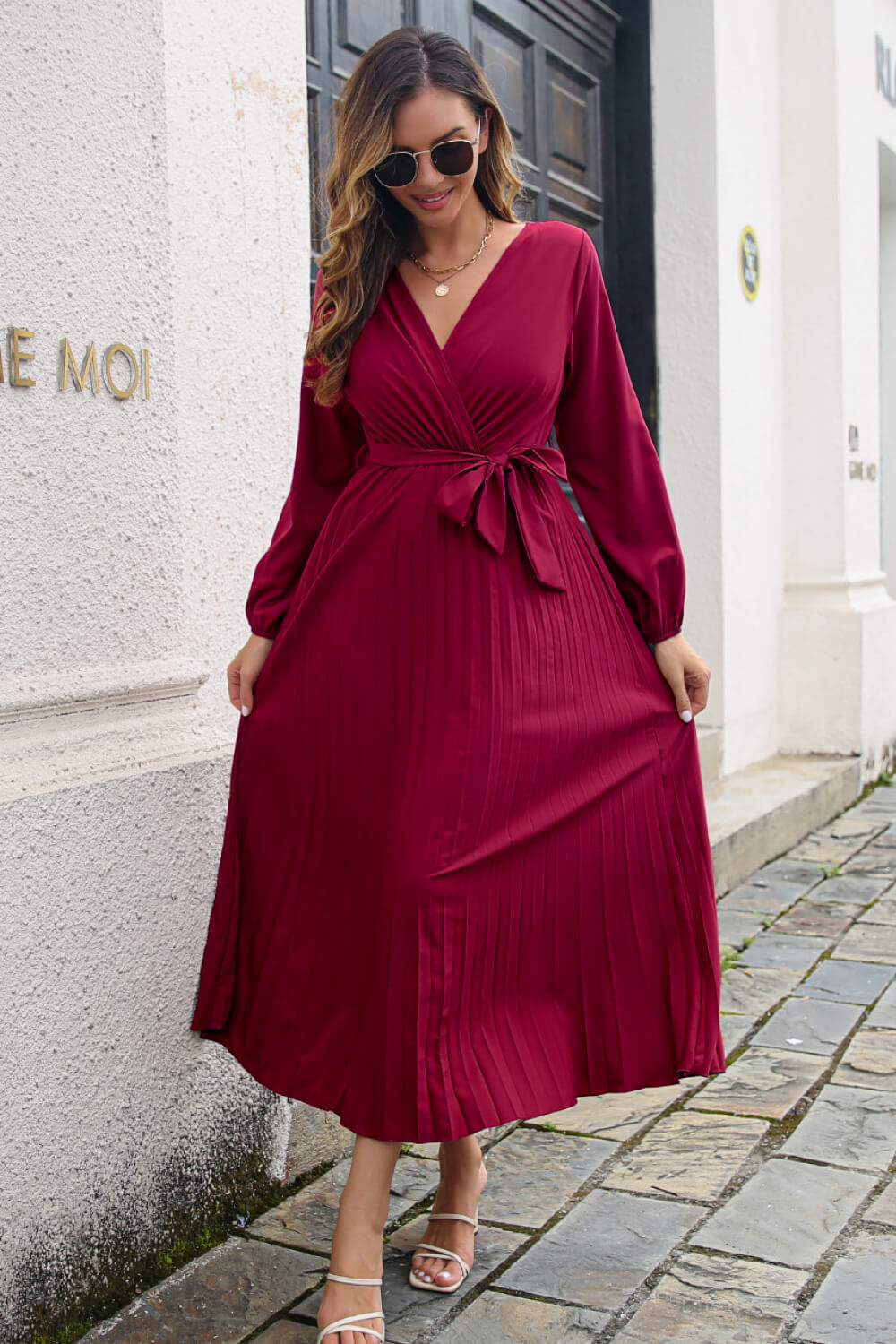 Pleated Long Sleeve Surplice Maxi Dress-Angel Casuals