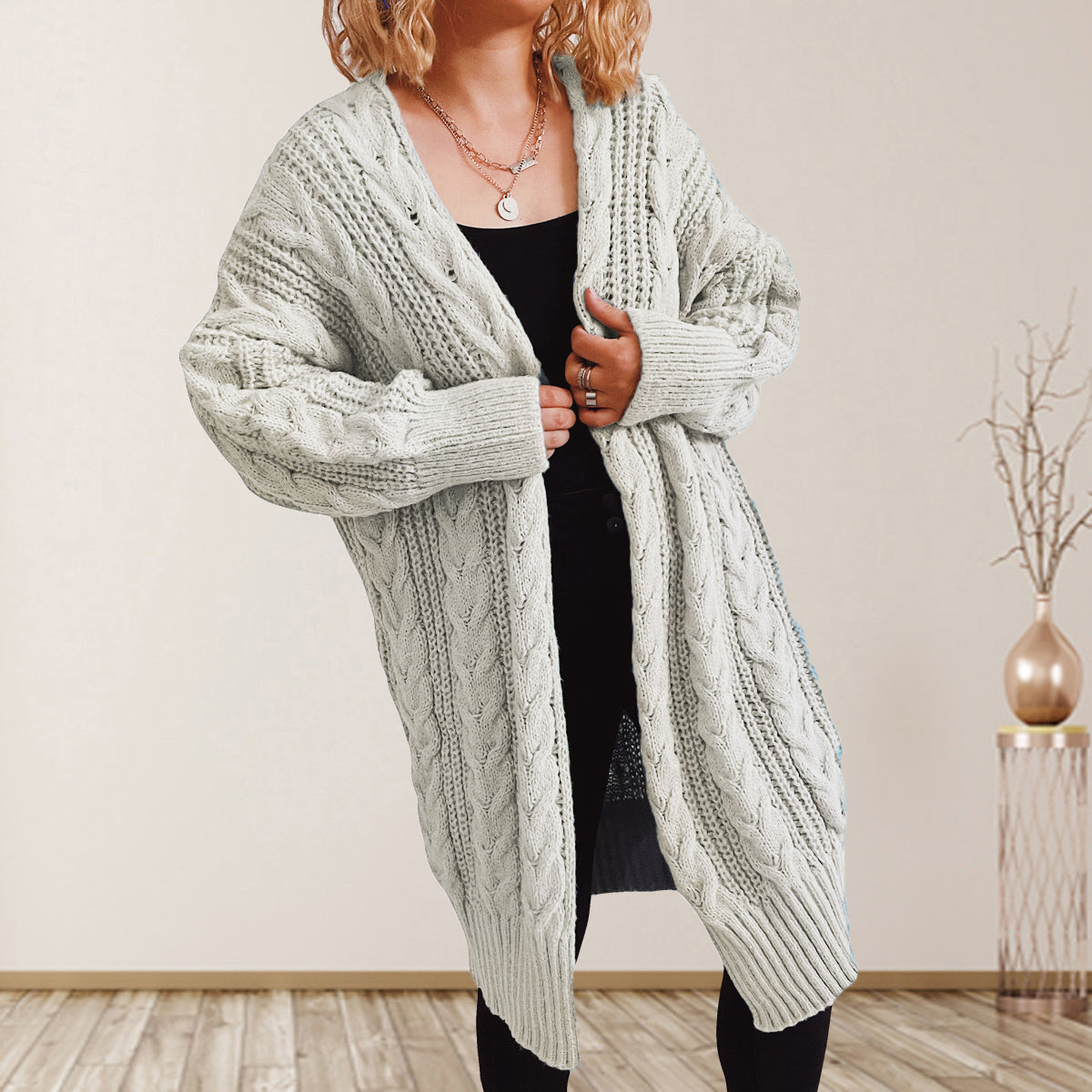 Cable-Knit Open Front Dropped Shoulder Cardigan-Angel Casuals
