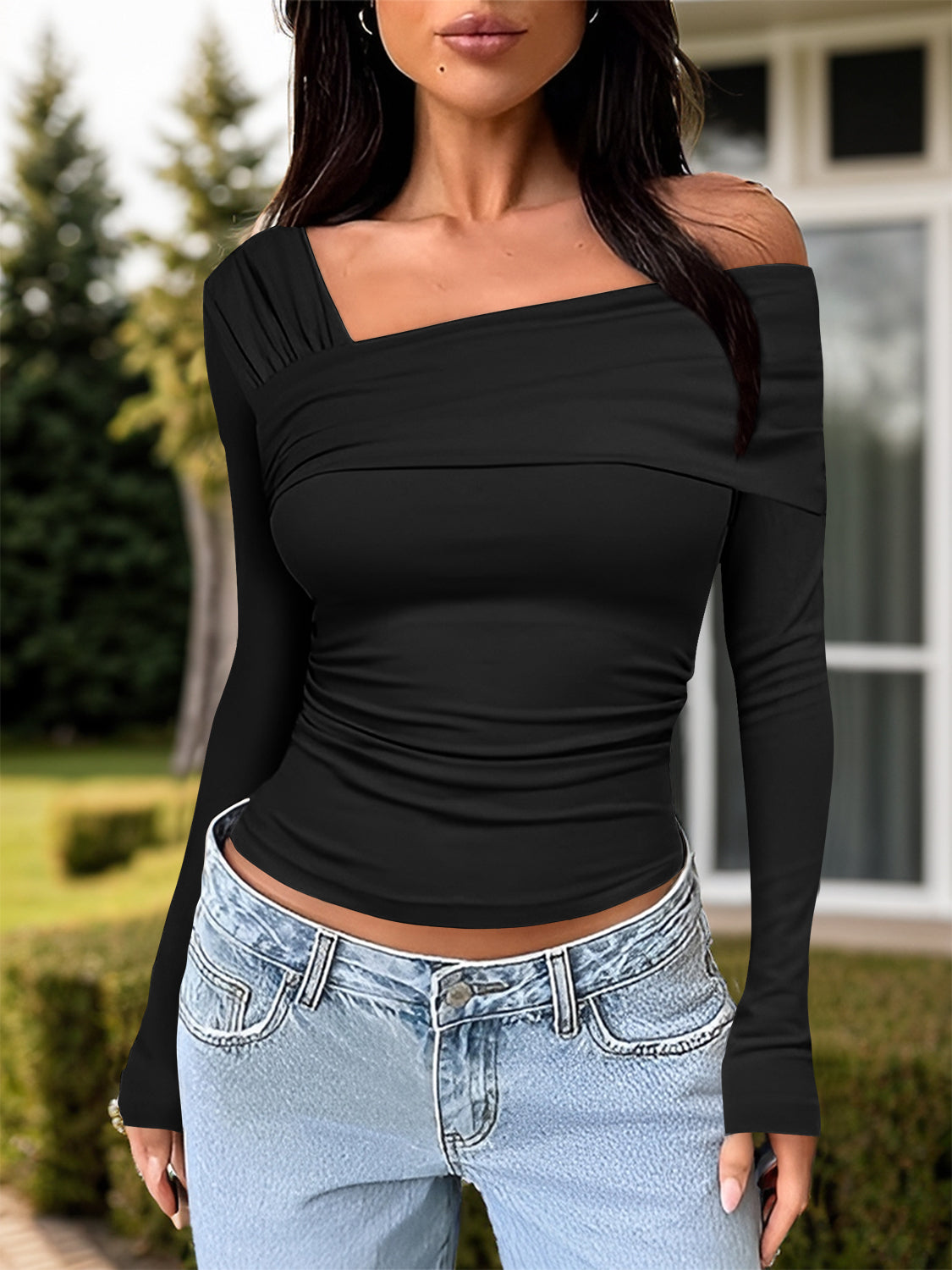 Ruched One Shoulder Long Sleeve T-Shirt-Angel Casuals