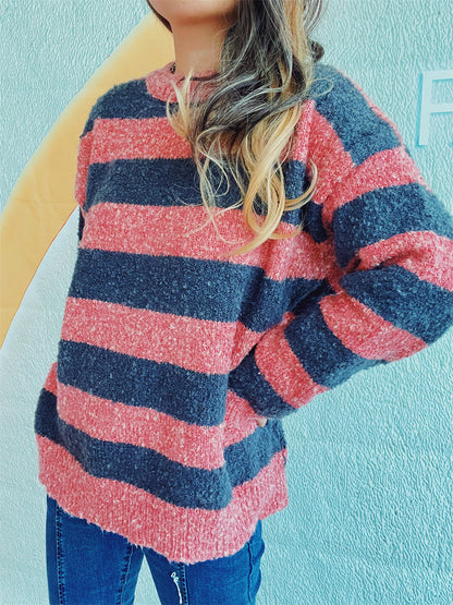 Striped Round Neck Long Sleeve Sweater-Angel Casuals