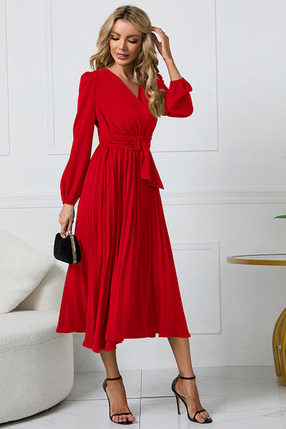 V-Neck Long Sleeve Tie Waist Midi Dress-Angel Casuals