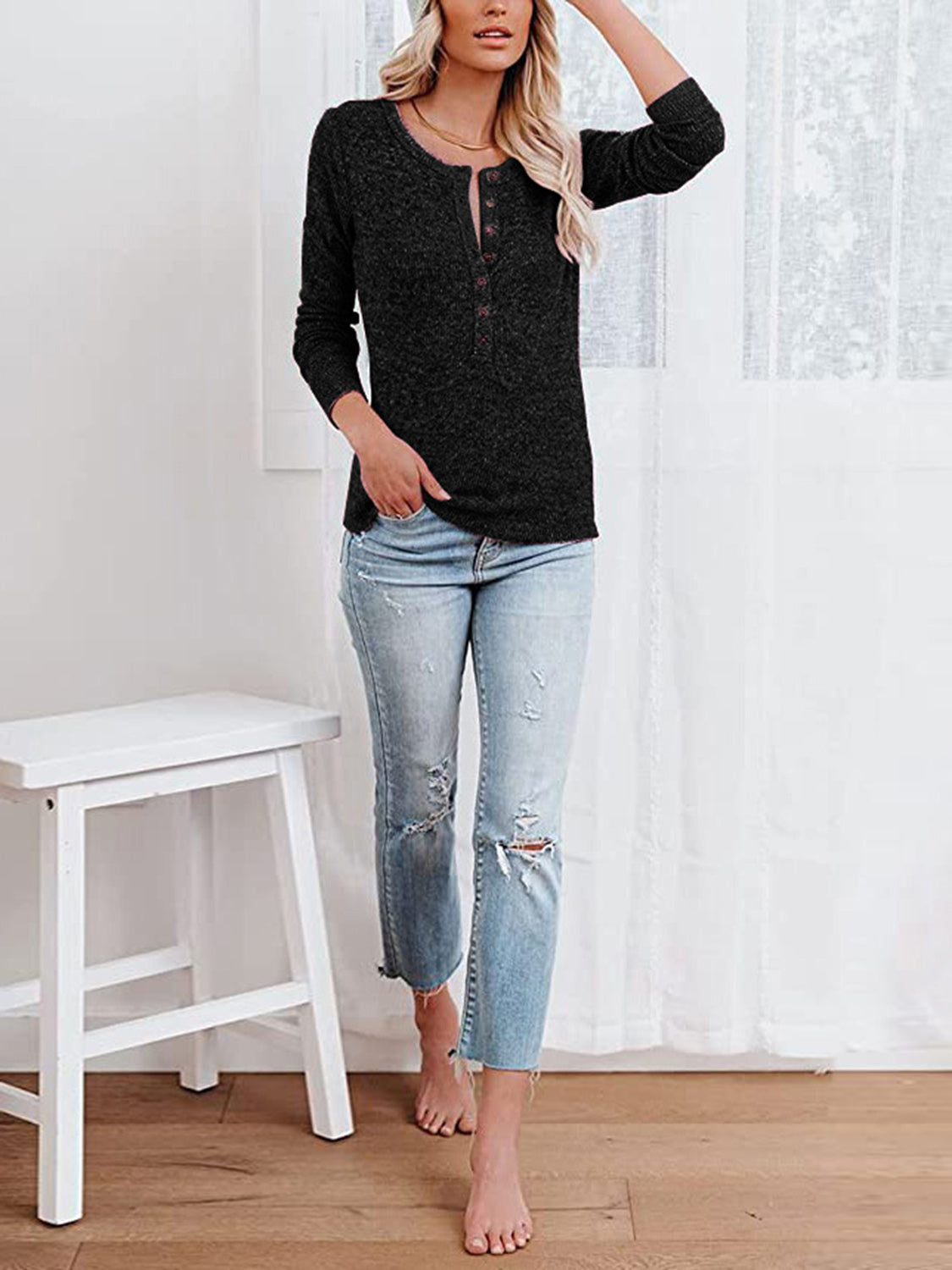 Round Neck Buttoned Long Sleeve T-Shirt-Angel Casuals