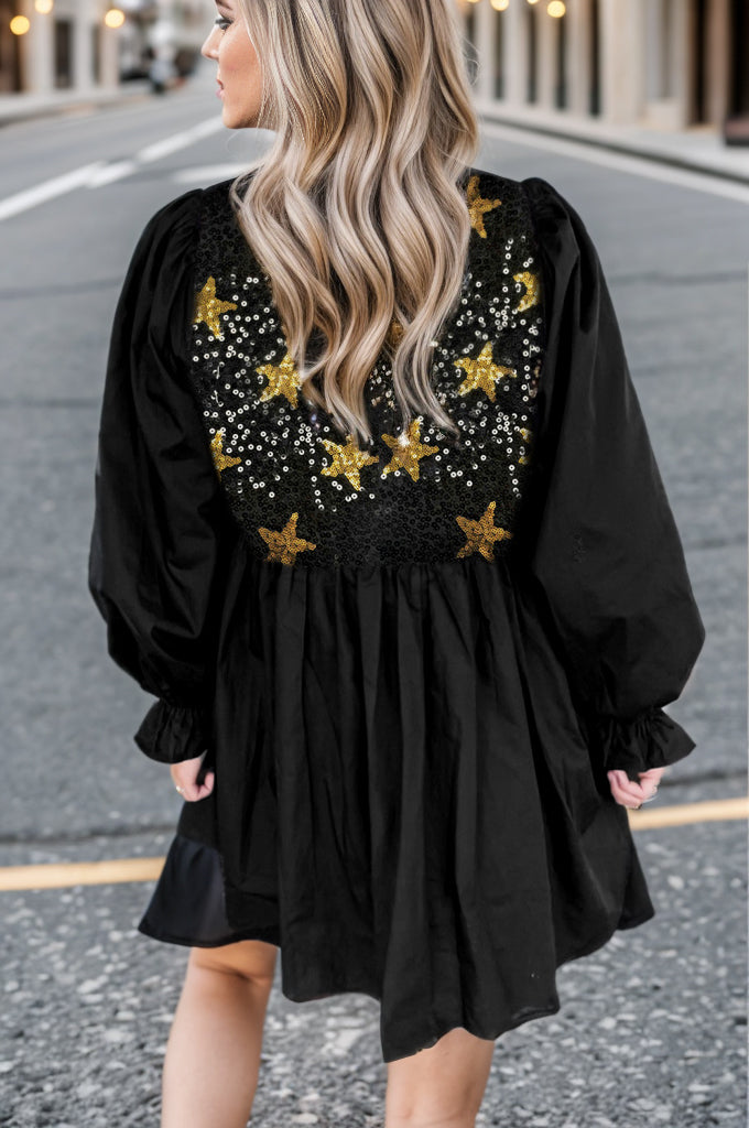 Star Sequin Round Neck Flounce Sleeve Mini Dress-Angel Casuals