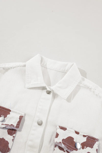 Raw Hem Animal Print Long Sleeve Denim Jacket-Angel Casuals