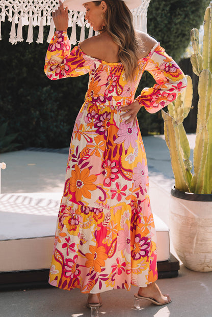 Printed Off-Shoulder Balloon Sleeve Maxi Dress-Angel Casuals