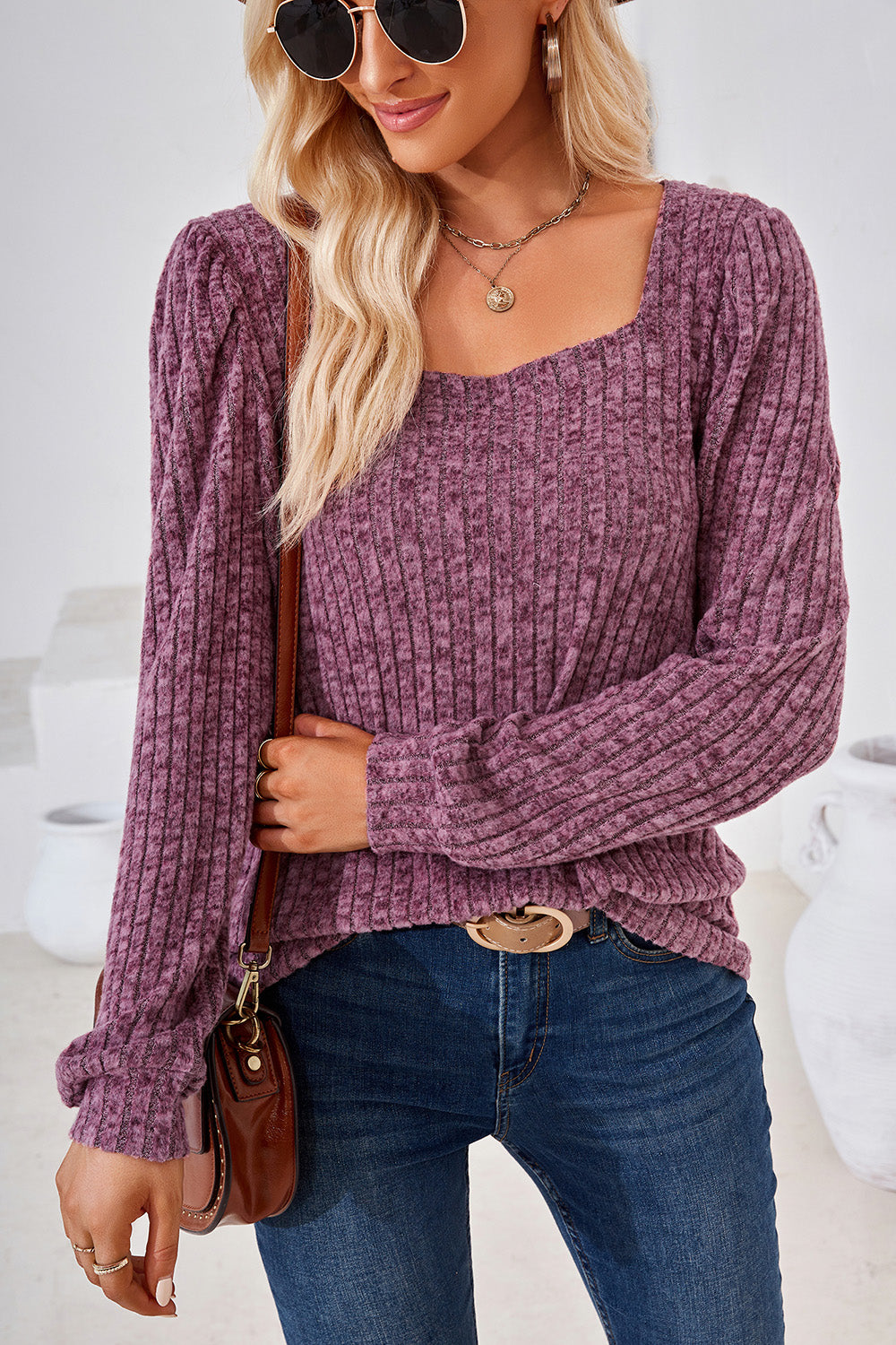 Ribbed Square Neck Long Sleeve T-Shirt-Angel Casuals