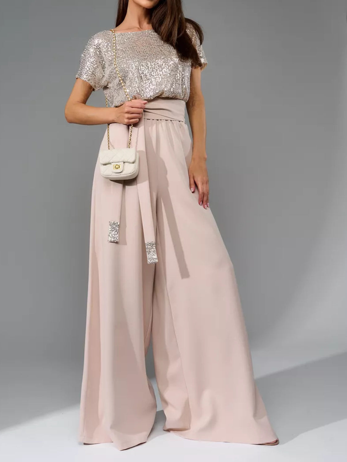Full Size Sequin Round Neck Short Sleeve Wide Leg Jumpsuit-Angel Casuals