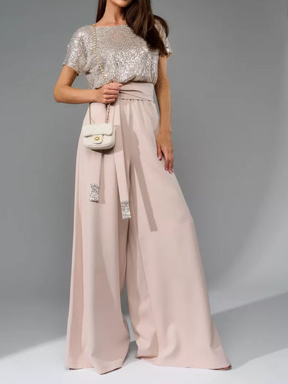 Full Size Sequin Round Neck Short Sleeve Wide Leg Jumpsuit-Angel Casuals