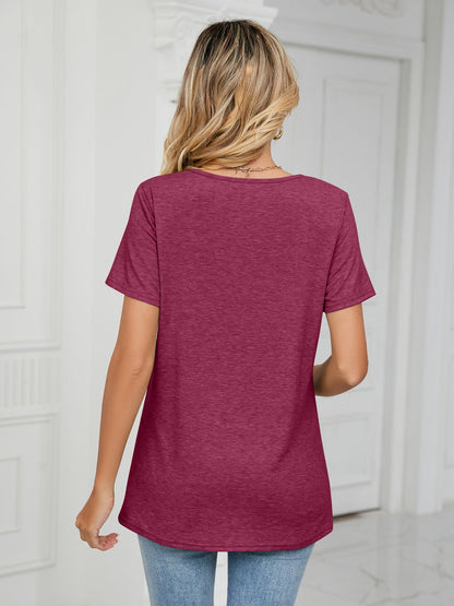 Ruched V-Neck Short Sleeve T-Shirt-Angel Casuals