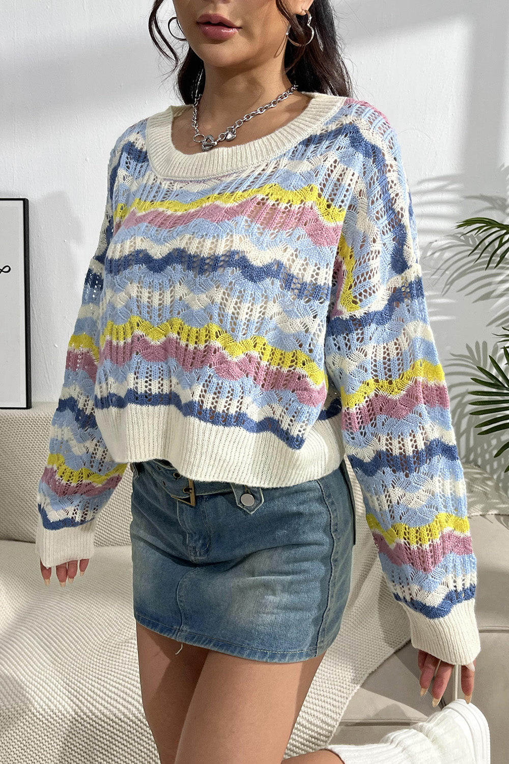 Striped Openwork Dropped Shoulder Sweater-Angel Casuals