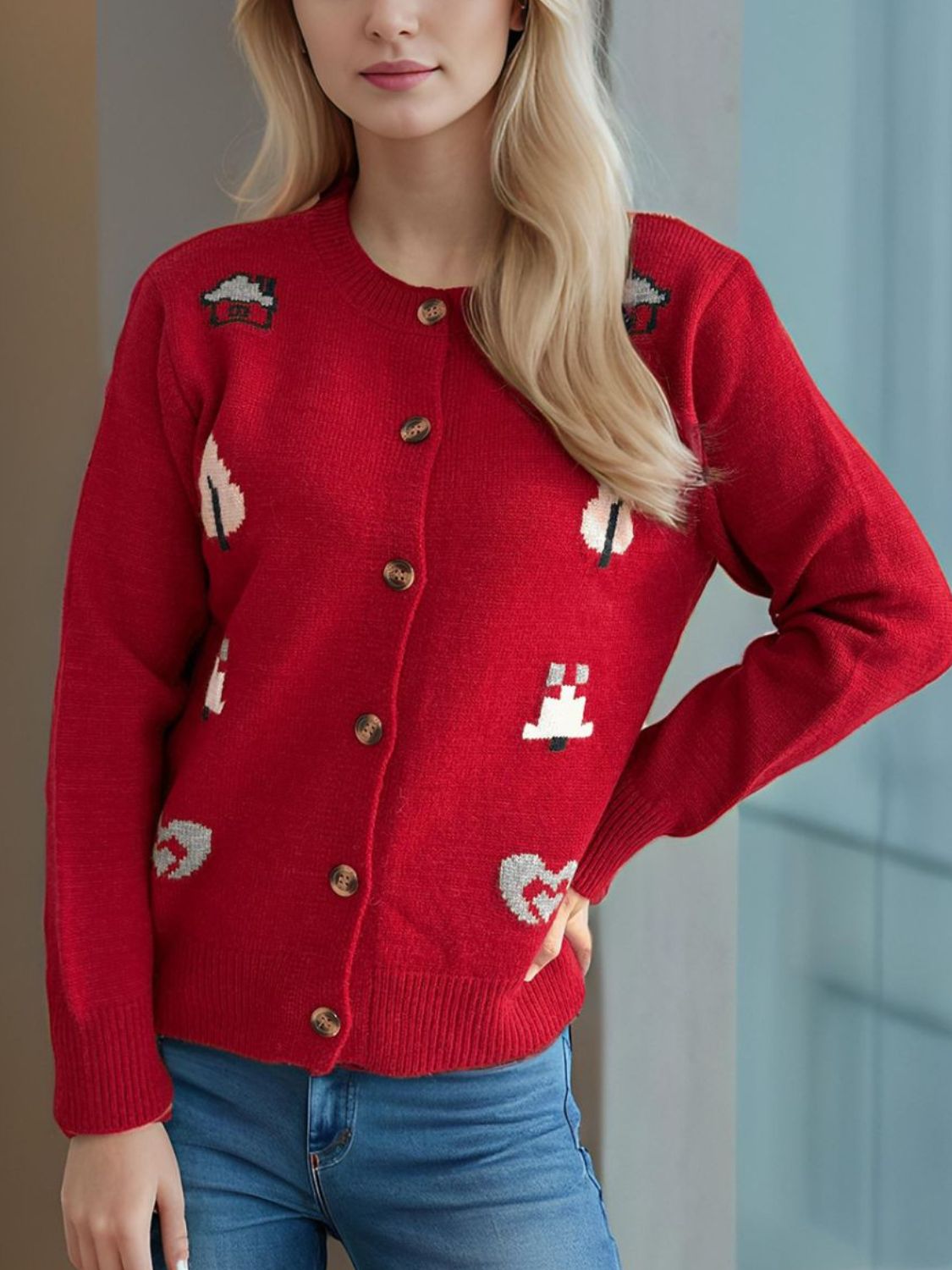 Button Up Round Neck Long Sleeve Cardigan-Angel Casuals