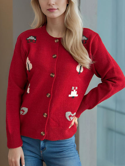 Button Up Round Neck Long Sleeve Cardigan-Angel Casuals