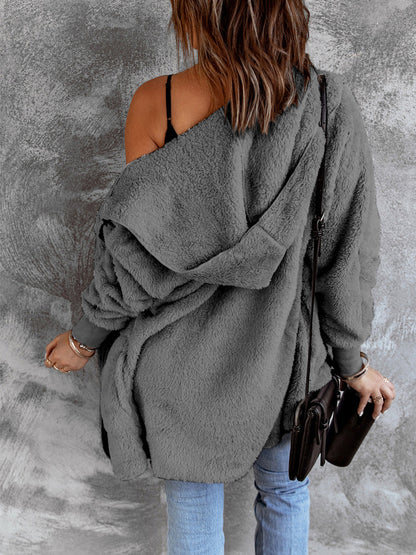 Open Front Hooded Faux Fur Outwear with Pockets-Angel Casuals