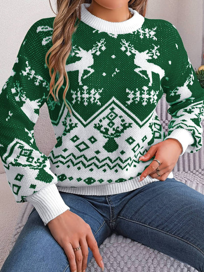 Christmas Element Round Neck Long Sleeve Sweater-Angel Casuals