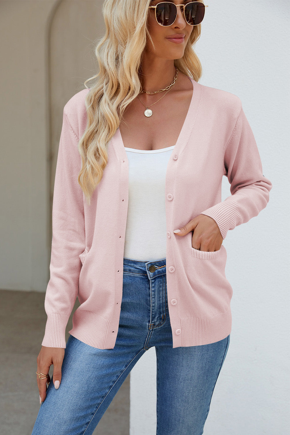 Pocketed V-Neck Button Up Long Sleeve Cardigan-Angel Casuals