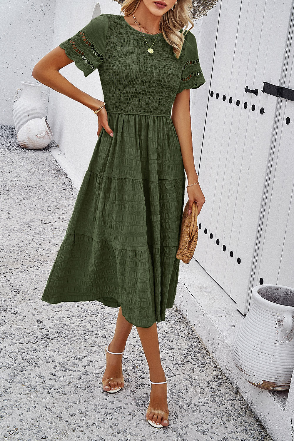 Smocked Round Neck Short Sleeve Midi Dress-Angel Casuals