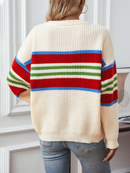 Contrast Stripes Round Neck Long Sleeve Sweater-Angel Casuals