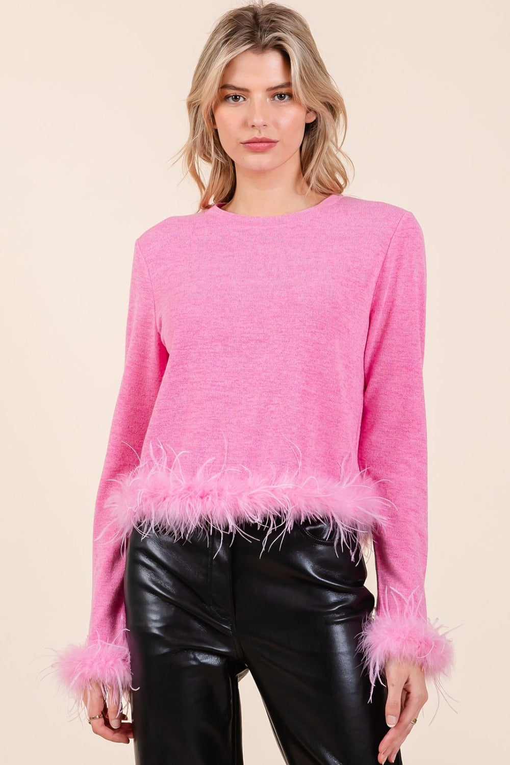 Mittoshop Feather Trim Long Sleeve Crop Hacci Knit Top-Angel Casuals