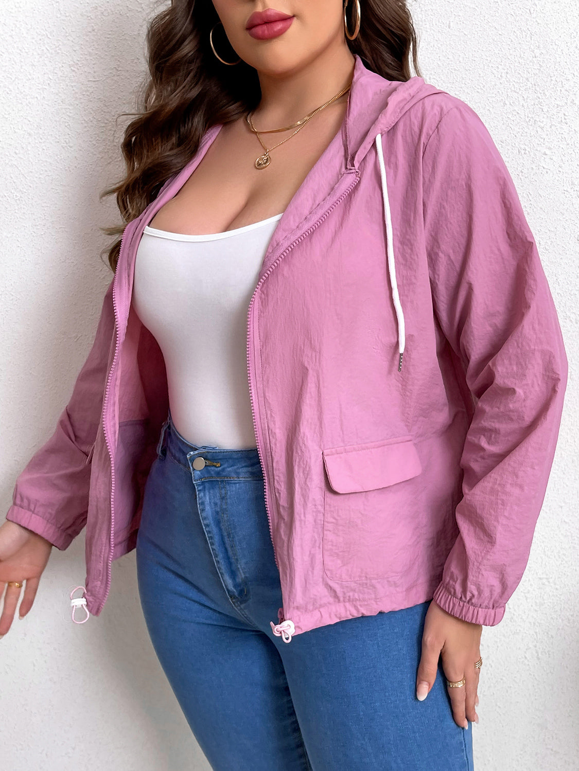 Plus Size Zip-Up Drawstring Hooded Jacket with Pockets-Angel Casuals