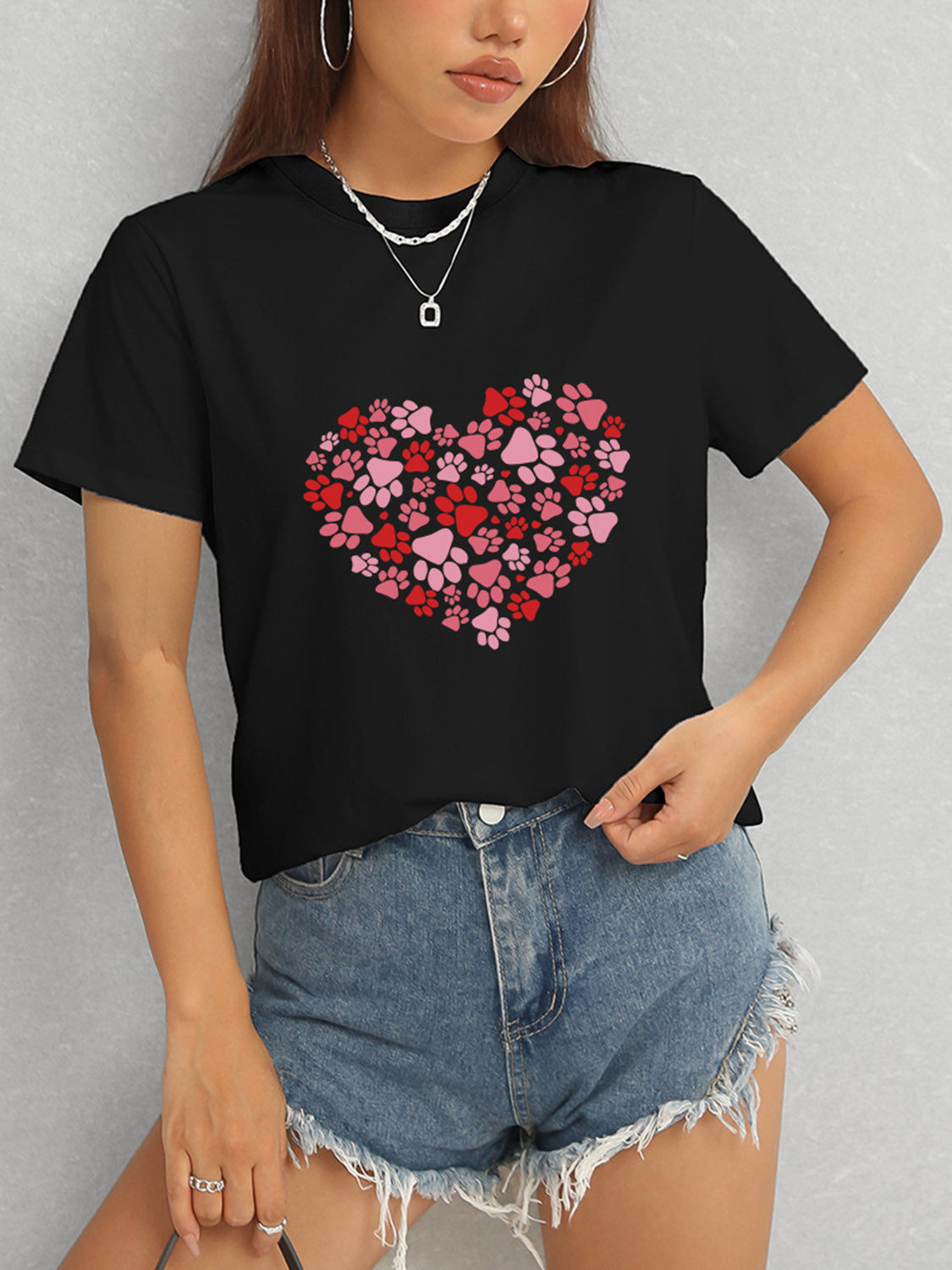 Heart Round Neck Short Sleeve T-Shirt-Angel Casuals