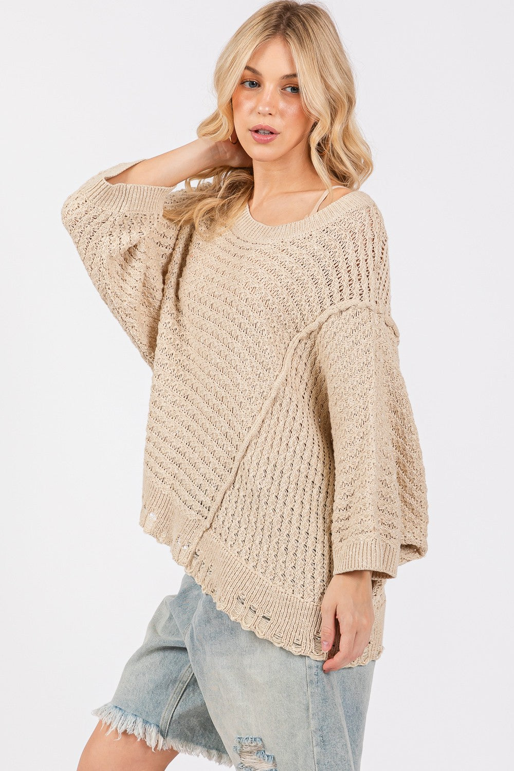 SAGE + FIG Distressed Asymmetrical Open Stitch Sweater-Angel Casuals