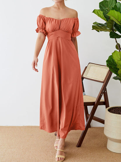 Off-Shoulder Short Sleeve Wide Leg Jumpsuit-Angel Casuals