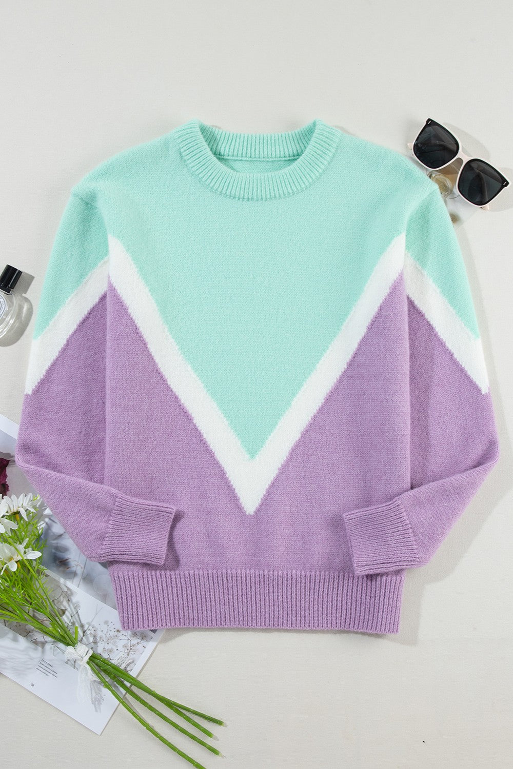 Contrast Round Neck Dropped Shoulder Sweater-Angel Casuals
