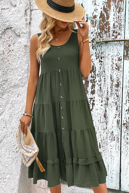 Decorative Button Scoop Neck Tiered Sleeveless Dress-Angel Casuals