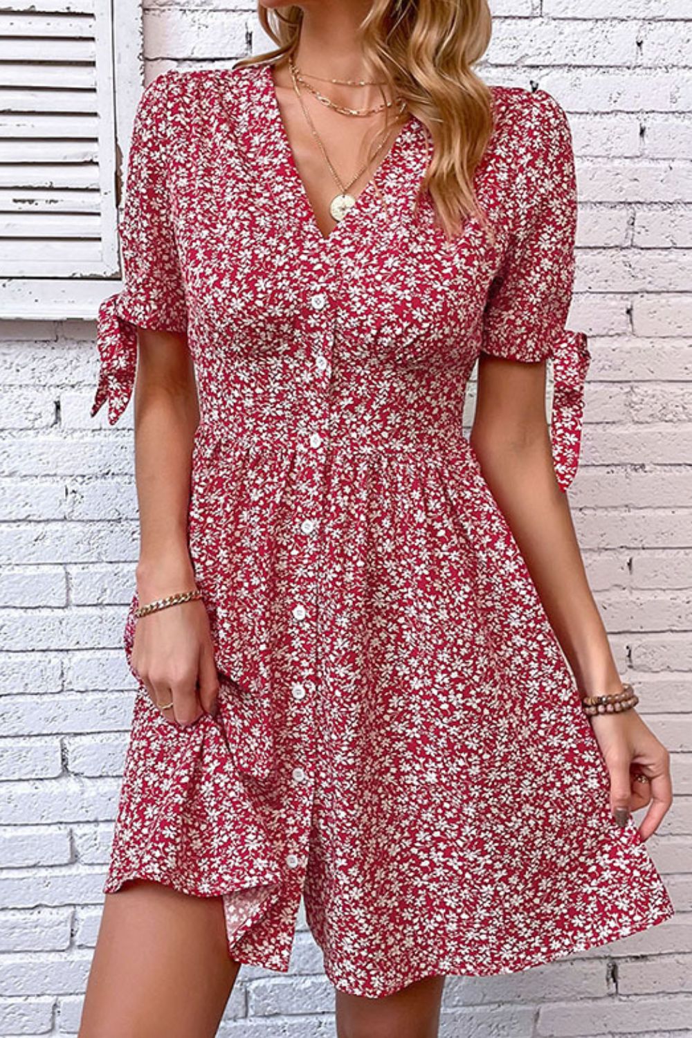 Ditsy Floral Tied Puff Sleeve Button Front Dress-Angel Casuals