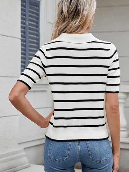 Striped Johnny Collar Short Sleeve Sweater-Angel Casuals