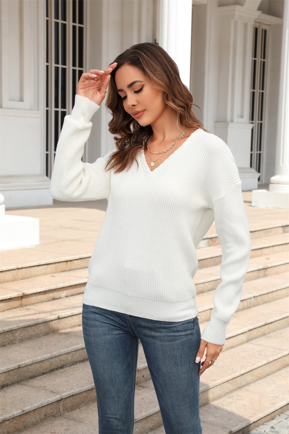 Angel Wings Ribbed V-Neck Dropped Shoulder Knit Top-Angel Casuals