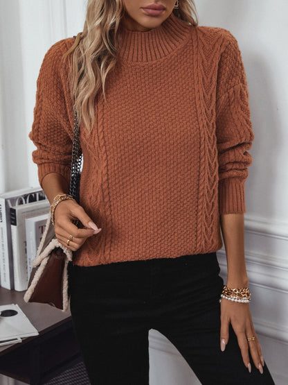 Cable-Knit Mock Neck Long Sleeve Sweater-Angel Casuals