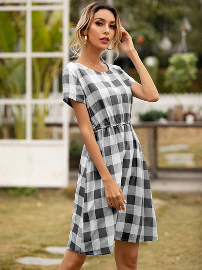 Smocked Plaid Round Neck Short Sleeve Dress-Angel Casuals