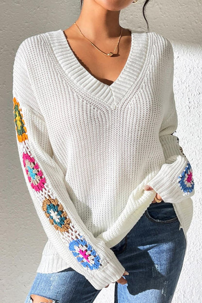 Crochet Flower V-Neck Sweater-Angel Casuals