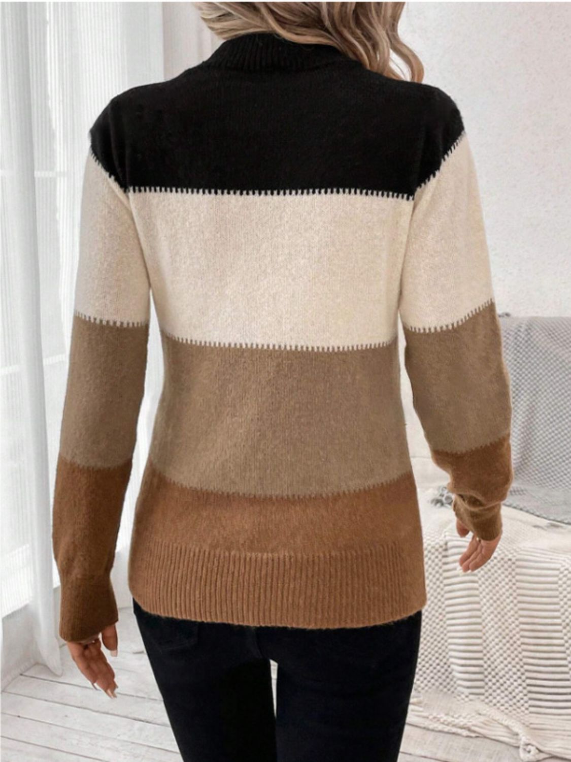 Color Block Mock Neck Long Sleeve Sweater-Angel Casuals