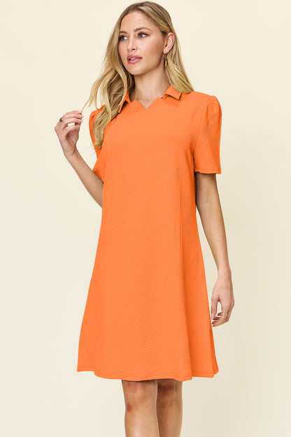 Double Take Full Size Texture Collared Neck Short Sleeve Dress-Angel Casuals