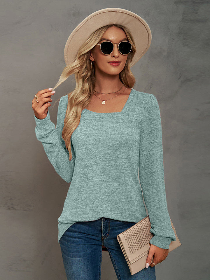 Heathered Square Neck Long Sleeve T-Shirt-Angel Casuals