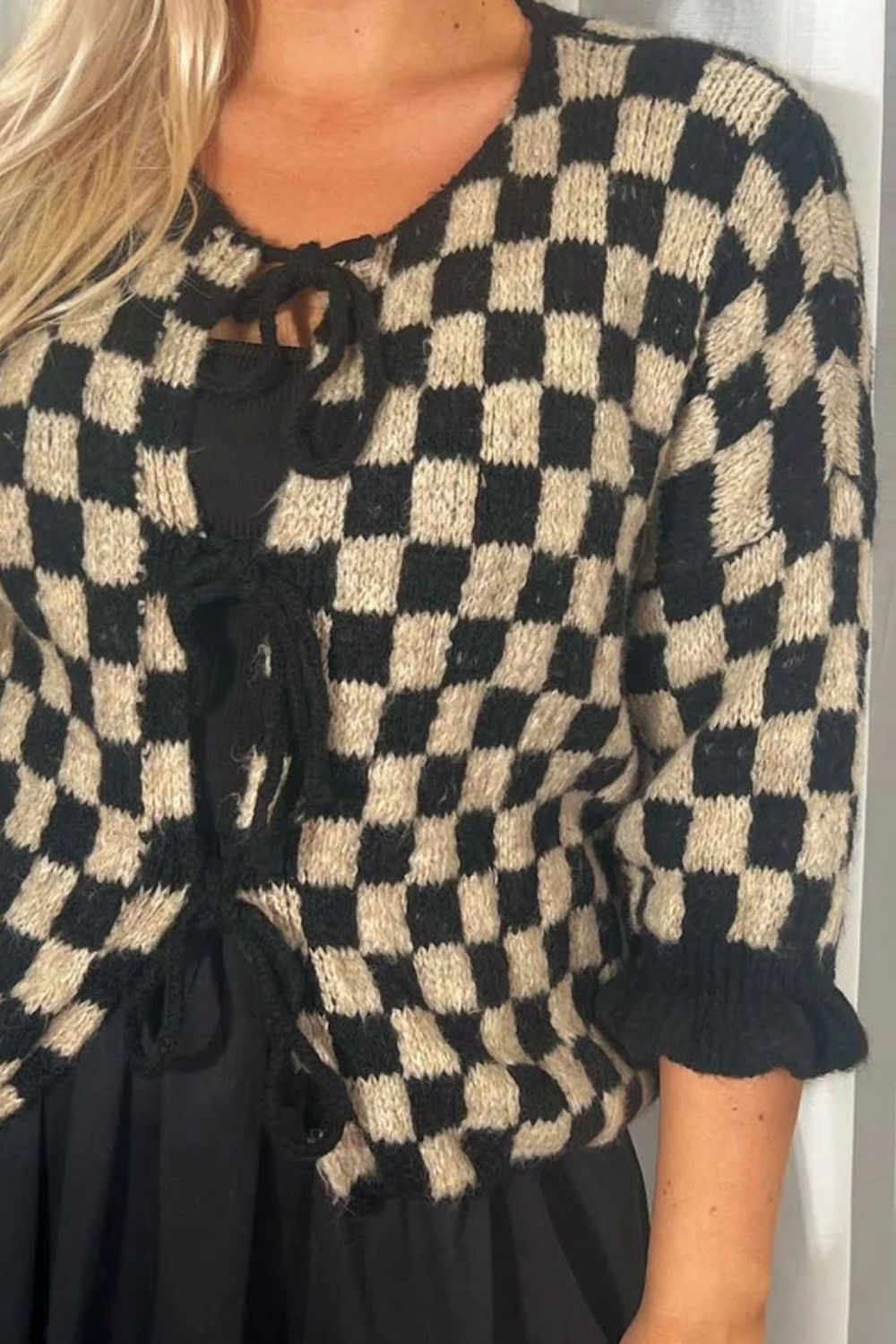Double Take Tied Checkered Dropped Shoulder Flounce Sleeve Cardigan-Angel Casuals