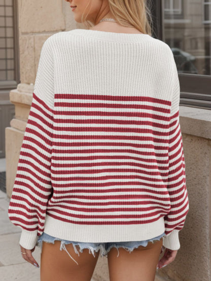 Striped Round Neck Long Sleeve Sweater-Angel Casuals