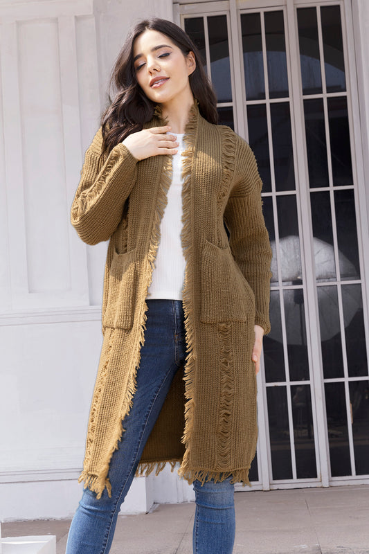 Fringe Trim Open Front Cardigan with Pockets-Angel Casuals