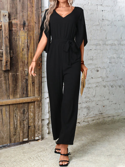 Tied V-Neck Half Sleeve Wide Leg Jumpsuit-Angel Casuals