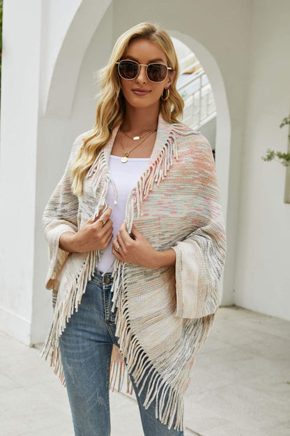 Multicolored Fringe Trim Poncho-Angel Casuals