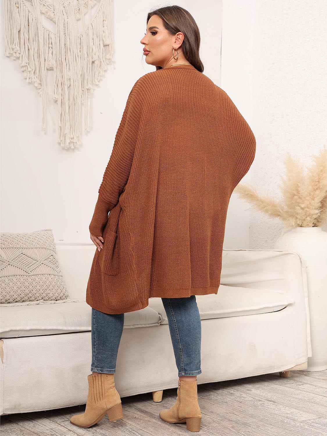 Plus Size Open Front Cardigan With Pockets-Angel Casuals