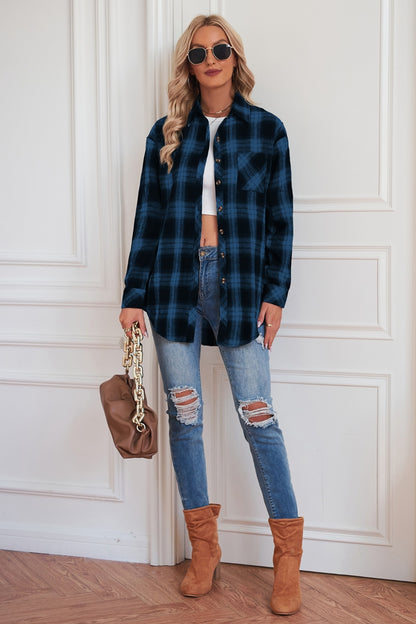 Plaid Button Up Dropped Shoulder Outerwear-Angel Casuals