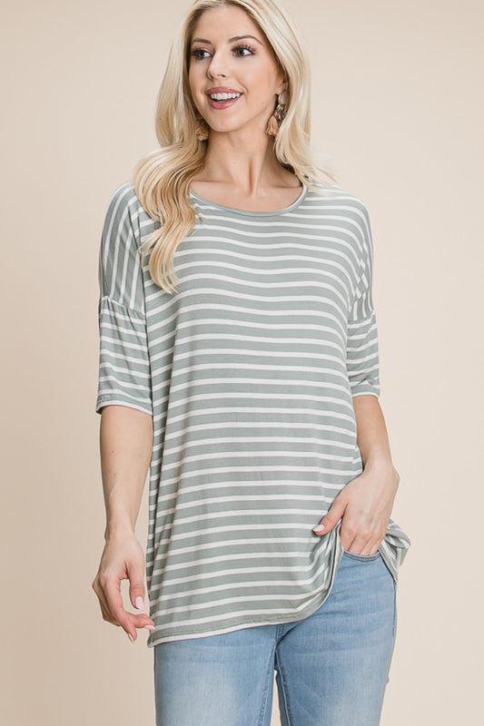 BOMBOM Striped Round Neck T-Shirt-Angel Casuals