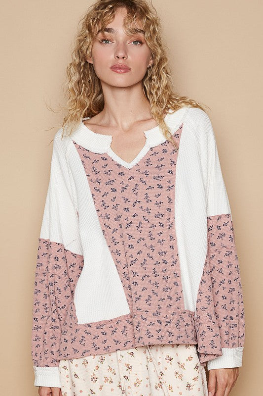 POL Waffle Knit Floral Notched Long Sleeve Top-Angel Casuals