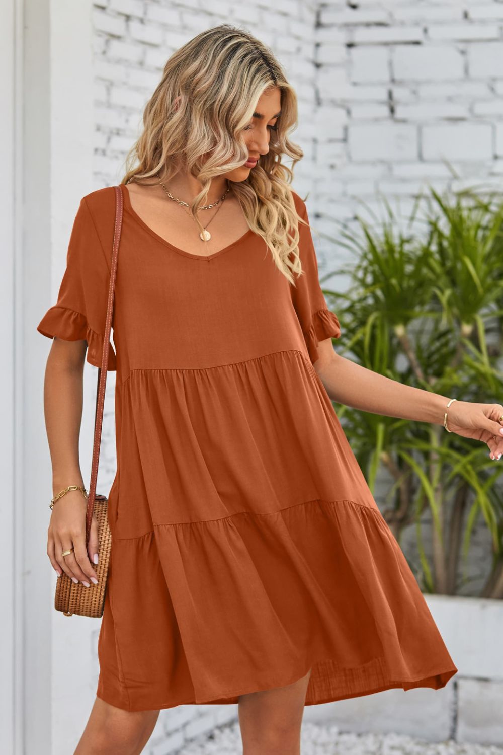 V-Neck Flounce Sleeve Tiered Dress-Angel Casuals