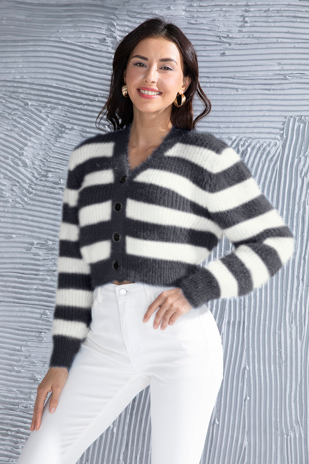 Striped Button Up Cropped Cardigan-Angel Casuals