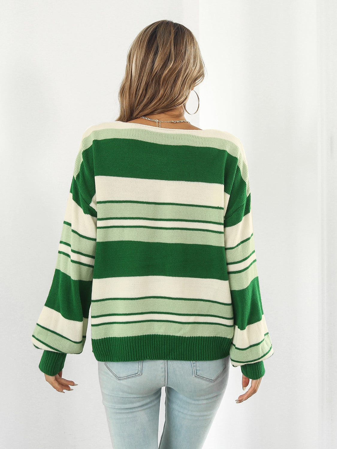 Striped V-Neck Long Sleeve Knit Top-Angel Casuals