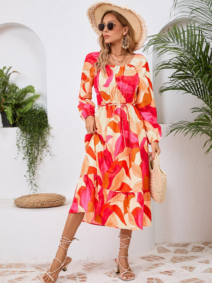 Printed Long Sleeve Midi Dress-Angel Casuals